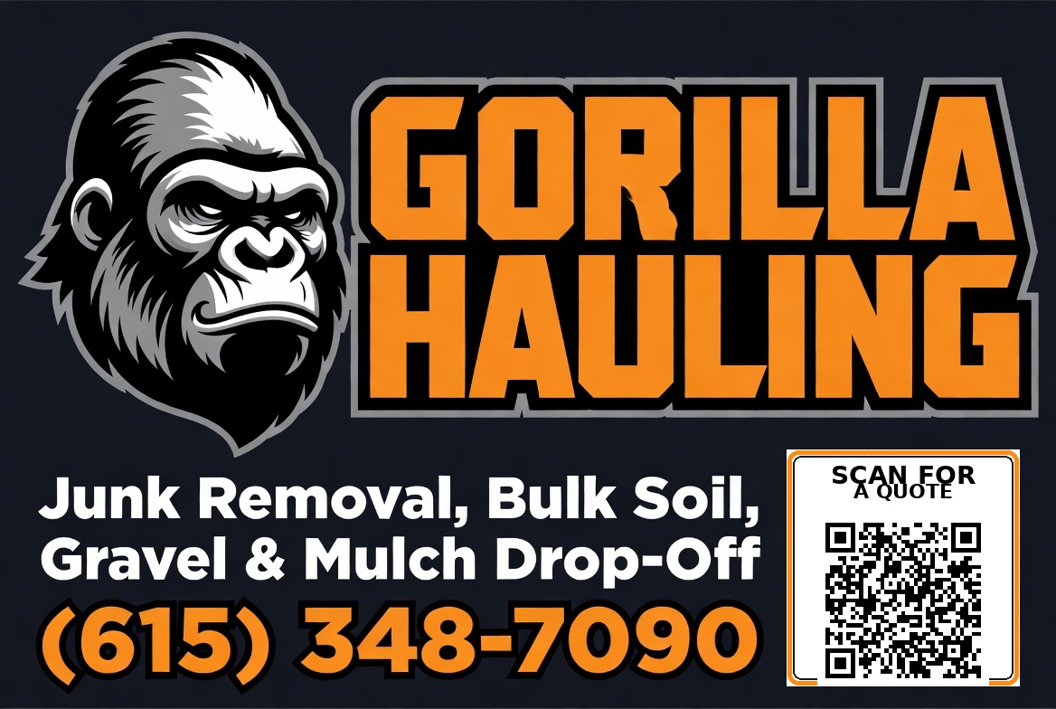 Gorilla Hauling sign with phone number, services, and a scannable quote QR code